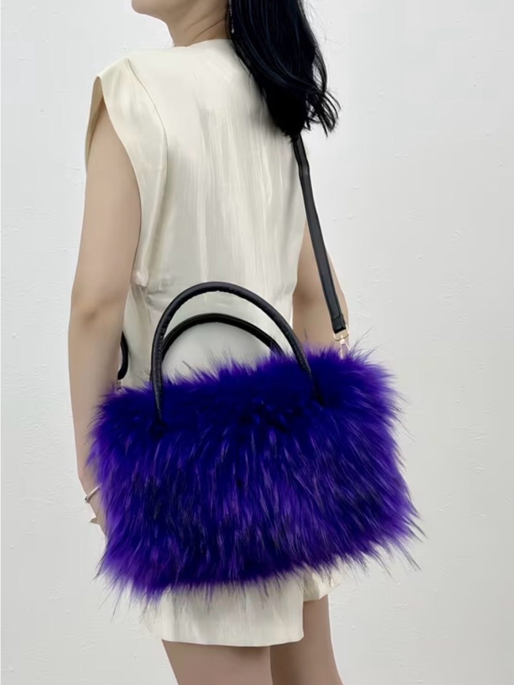 Plush Faux Fur Purple Tote Bag with Black Handles